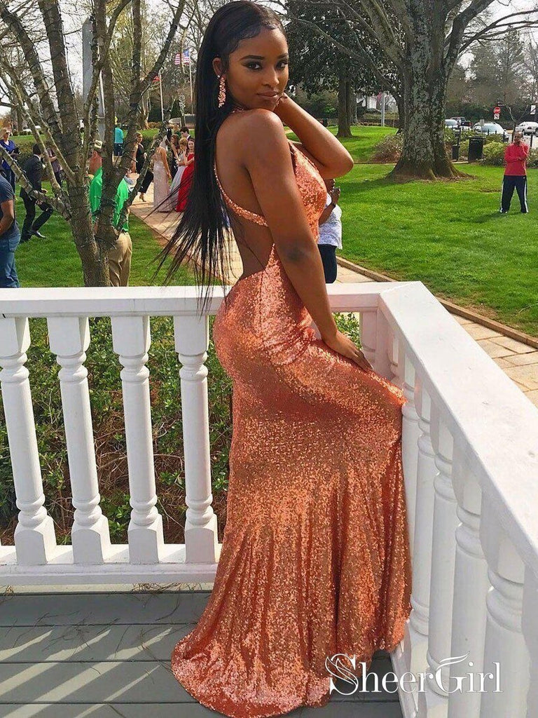 Sexy Coral Mermaid Sequins Prom Dresses ...